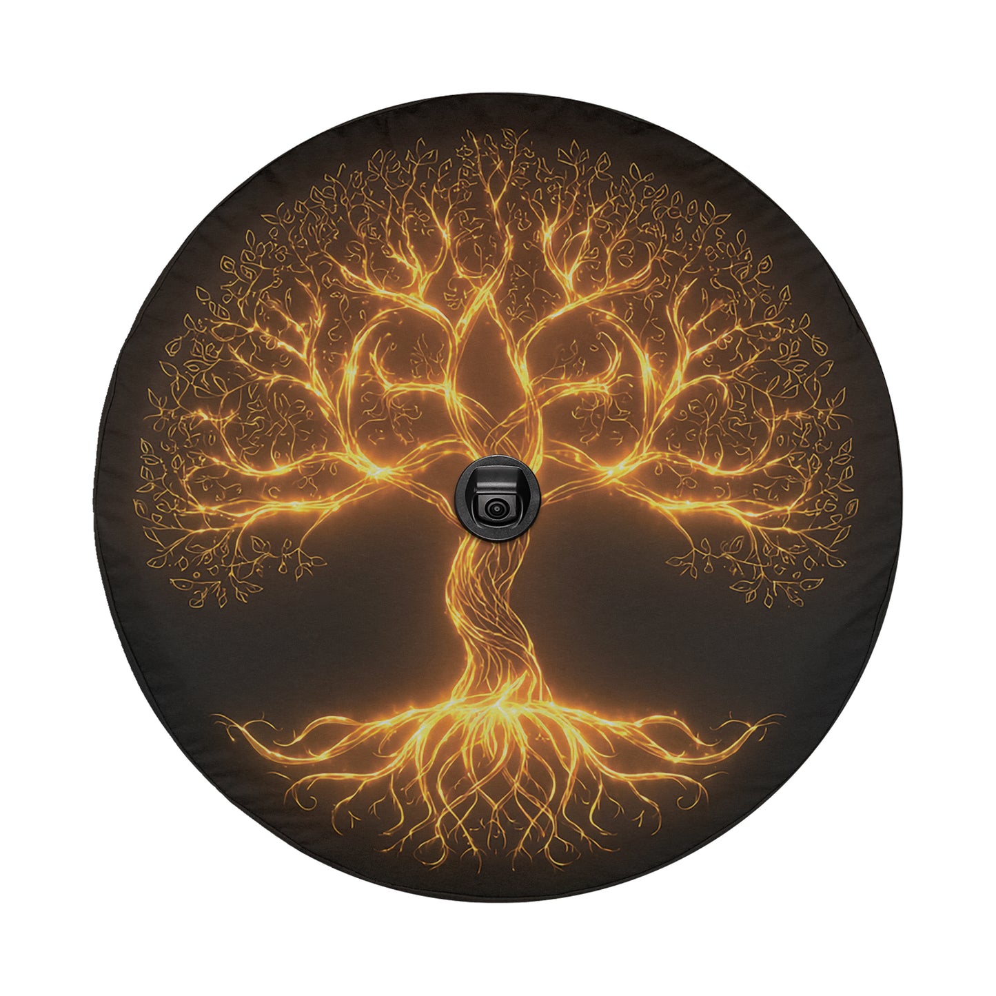 a circular design with a tree-like structure at its center, surrounded by a glowing, golden aura.