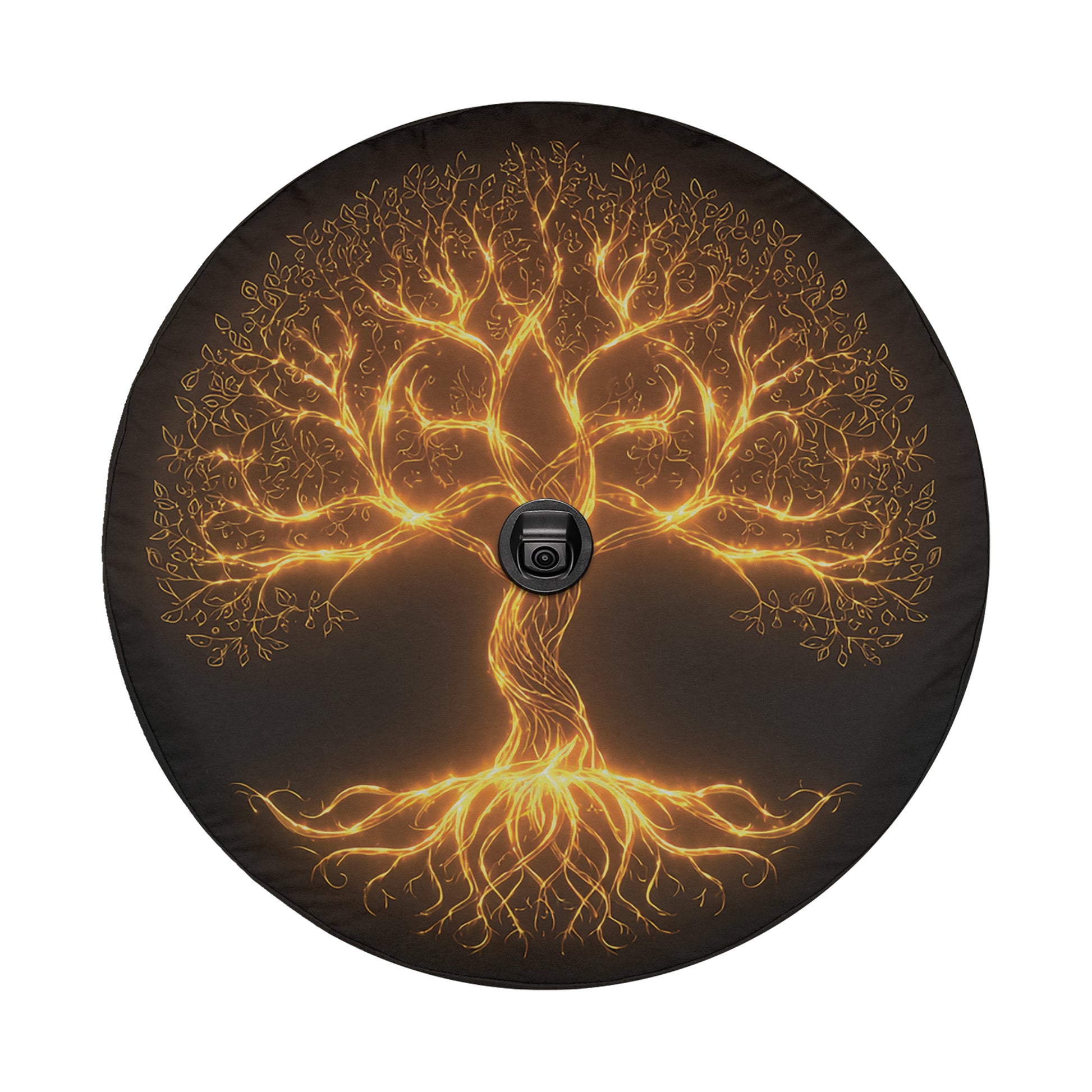 a circular design with a tree-like structure at its center, surrounded by a glowing, golden aura.