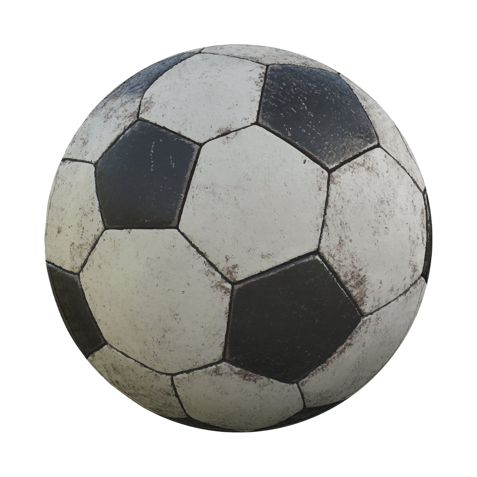 A worn and dirty soccer ball with a black and white pattern.