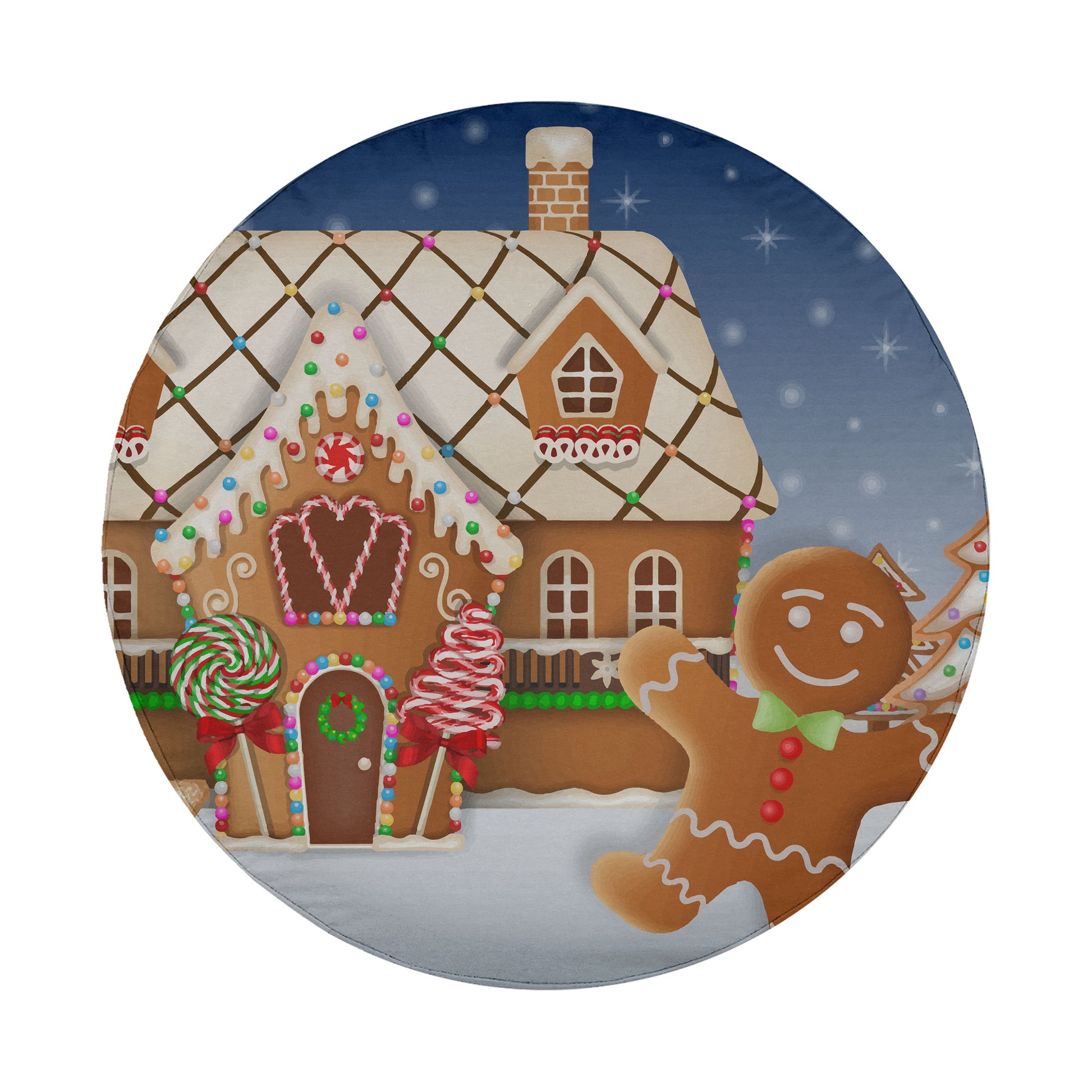 A gingerbread house with a smiling gingerbread man standing next to it, set against a snowy night sky with stars.