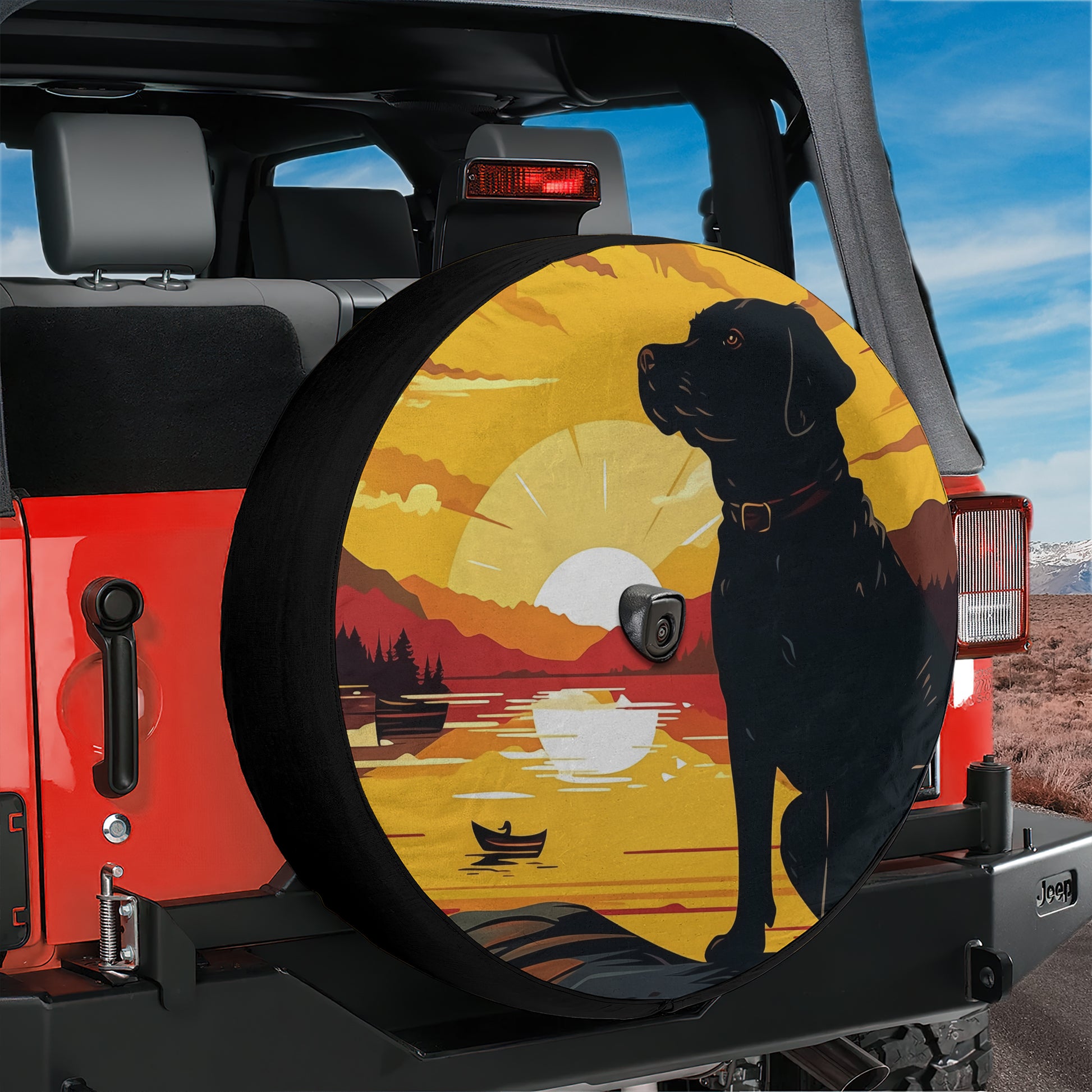 A black dog is depicted in a serene landscape, with a sunset and a body of water in the background.