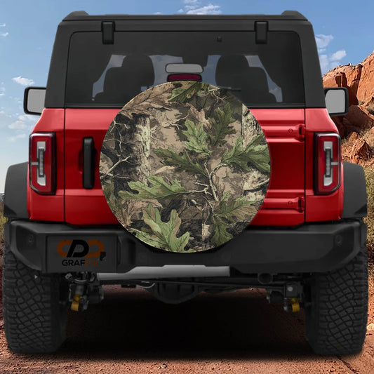 the rear view of a red Jeep Wrangler with a camouflage-patterned spare tire cover attached to it.
