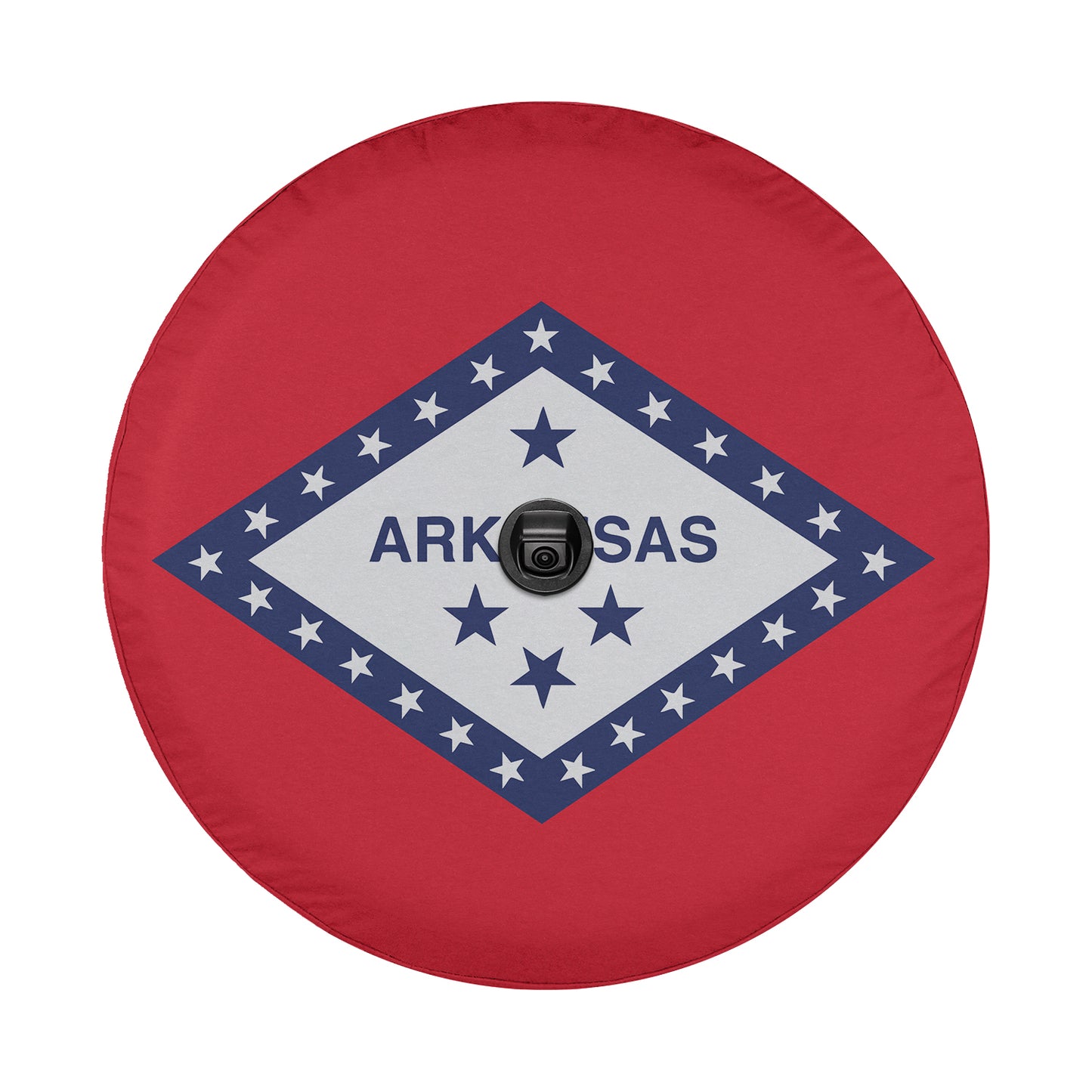a red, white, and blue round object with the word ark sas on it
