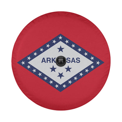 a red, white, and blue round object with the word ark sas on it