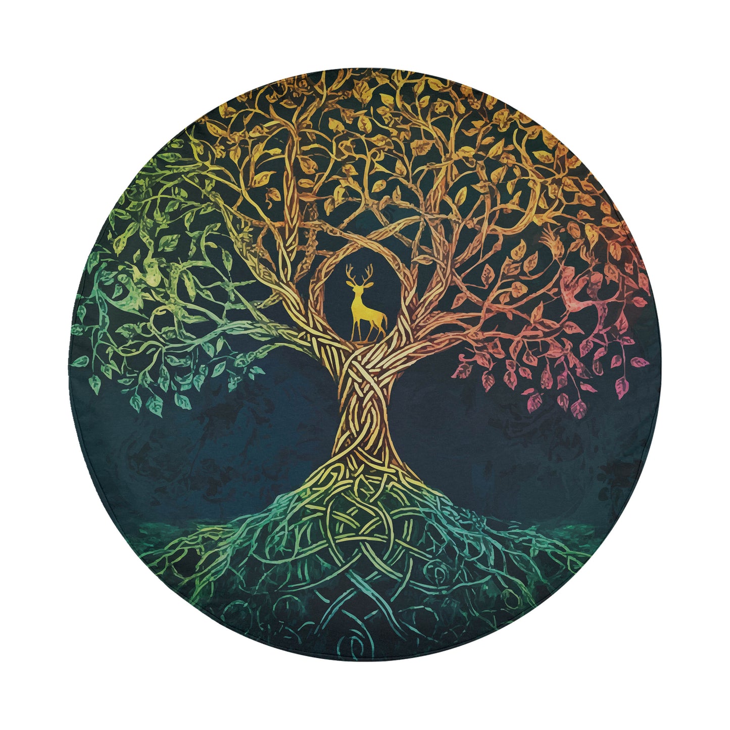 A circular illustration depicting a tree with a deer standing in the center, surrounded by a vibrant and intricate design of leaves and branches in various colors.