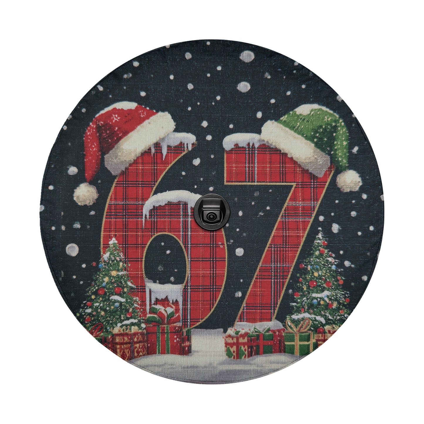 A circular design featuring the number '67' in the center, surrounded by Christmas trees, presents, and snowflakes.