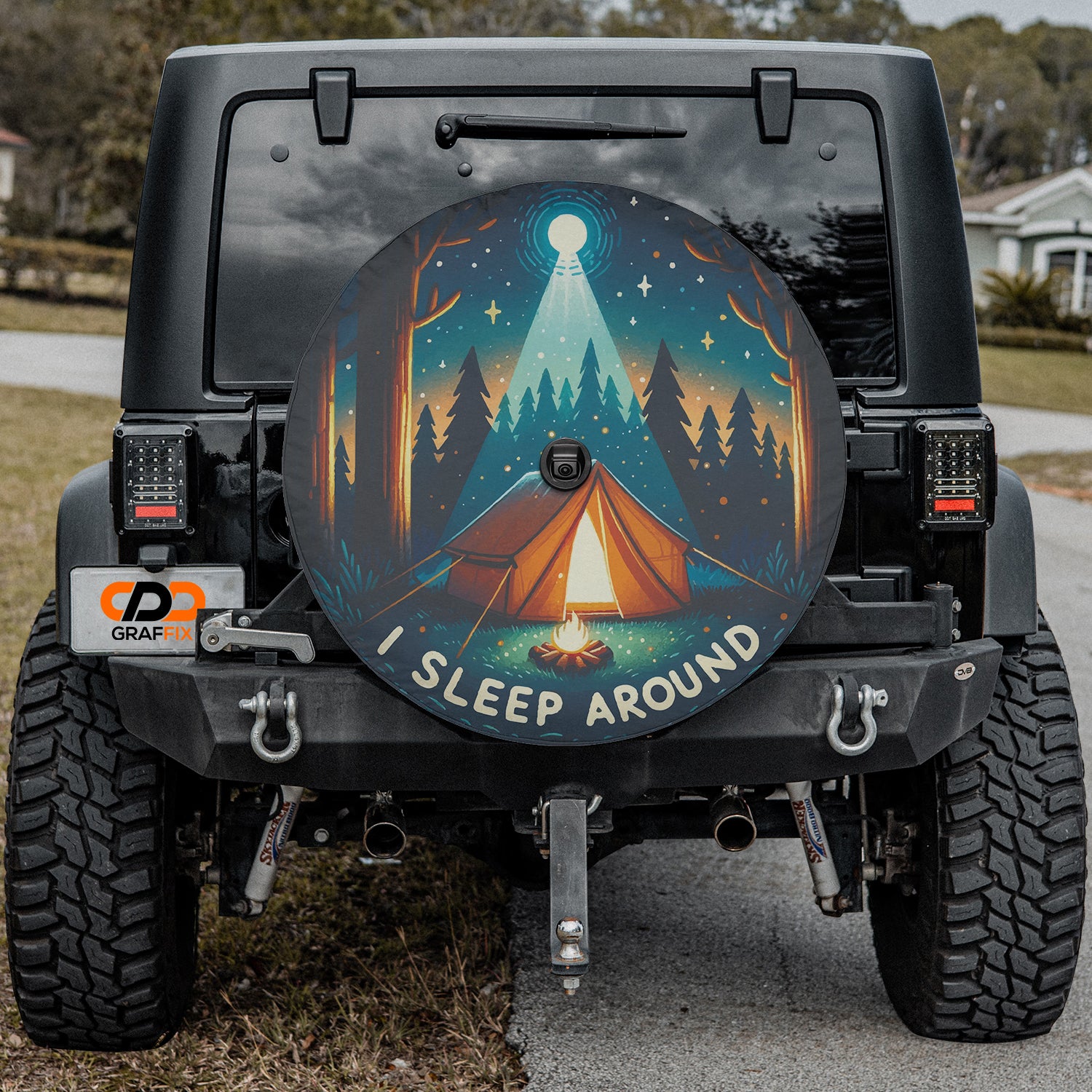 a jeep with a camping theme painted on it