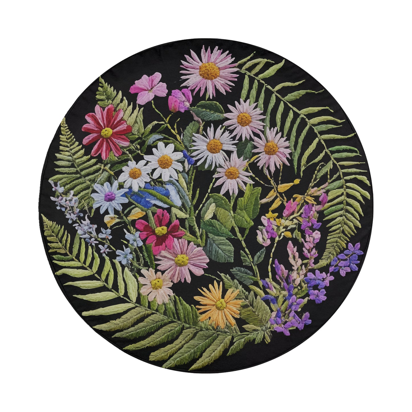 The image is a circular arrangement of various colorful flowers and leaves, including daisies, chrysanthemums, and ferns, all set against a black background.