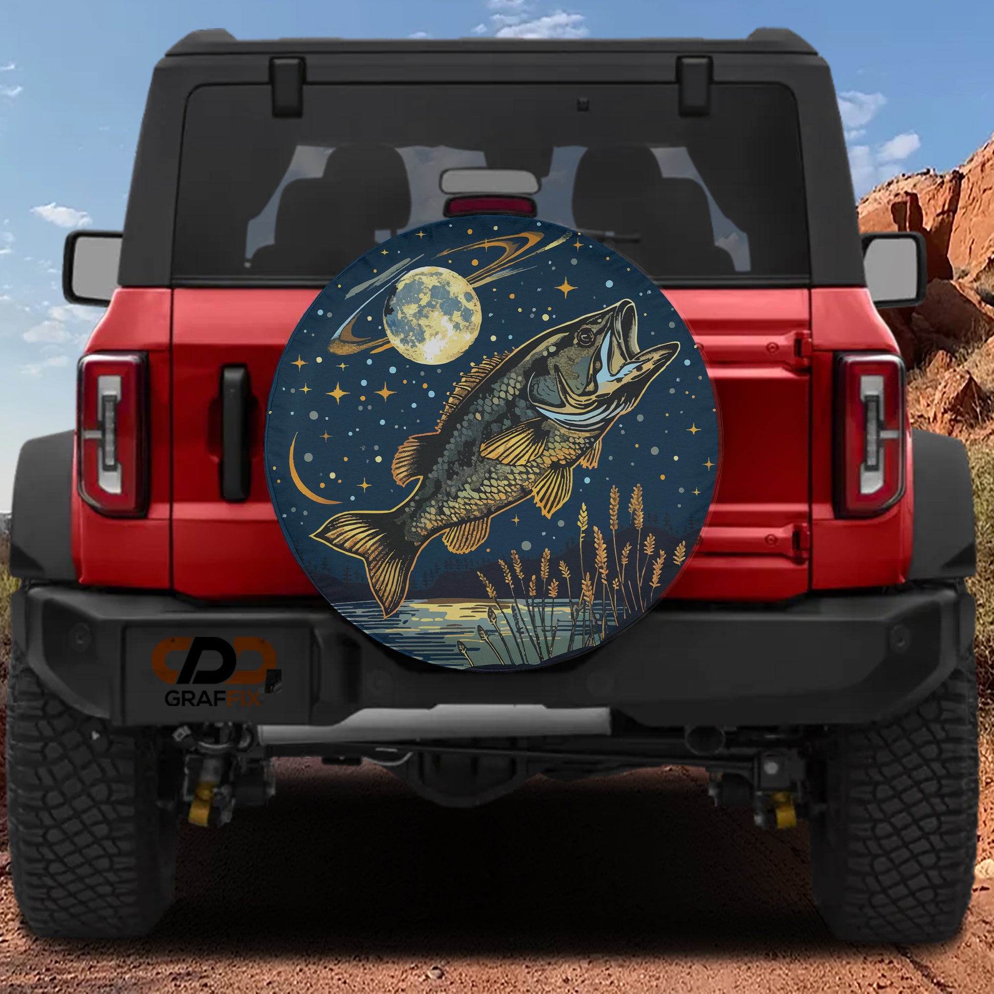 a red Jeep Wrangler with a large, detailed fish decal on the rear window.