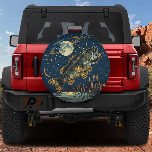 a red Jeep Wrangler with a large, detailed fish decal on the rear window.