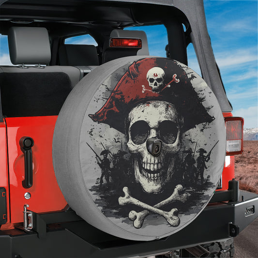 a tire cover with a pirate skull on it