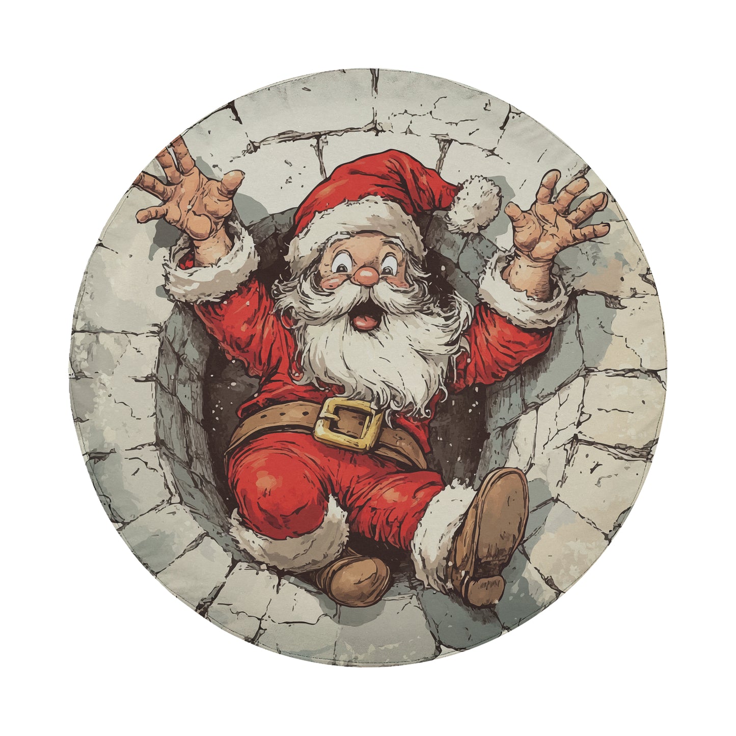Santa Claus is depicted in a hole, with his arms raised and a surprised expression on his face.