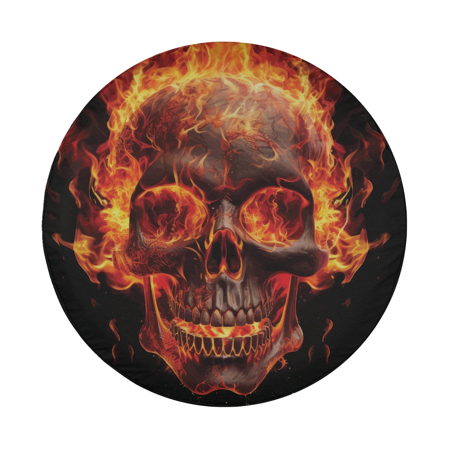 A close-up of a skull with flames emanating from it, creating a fiery and intense visual effect.