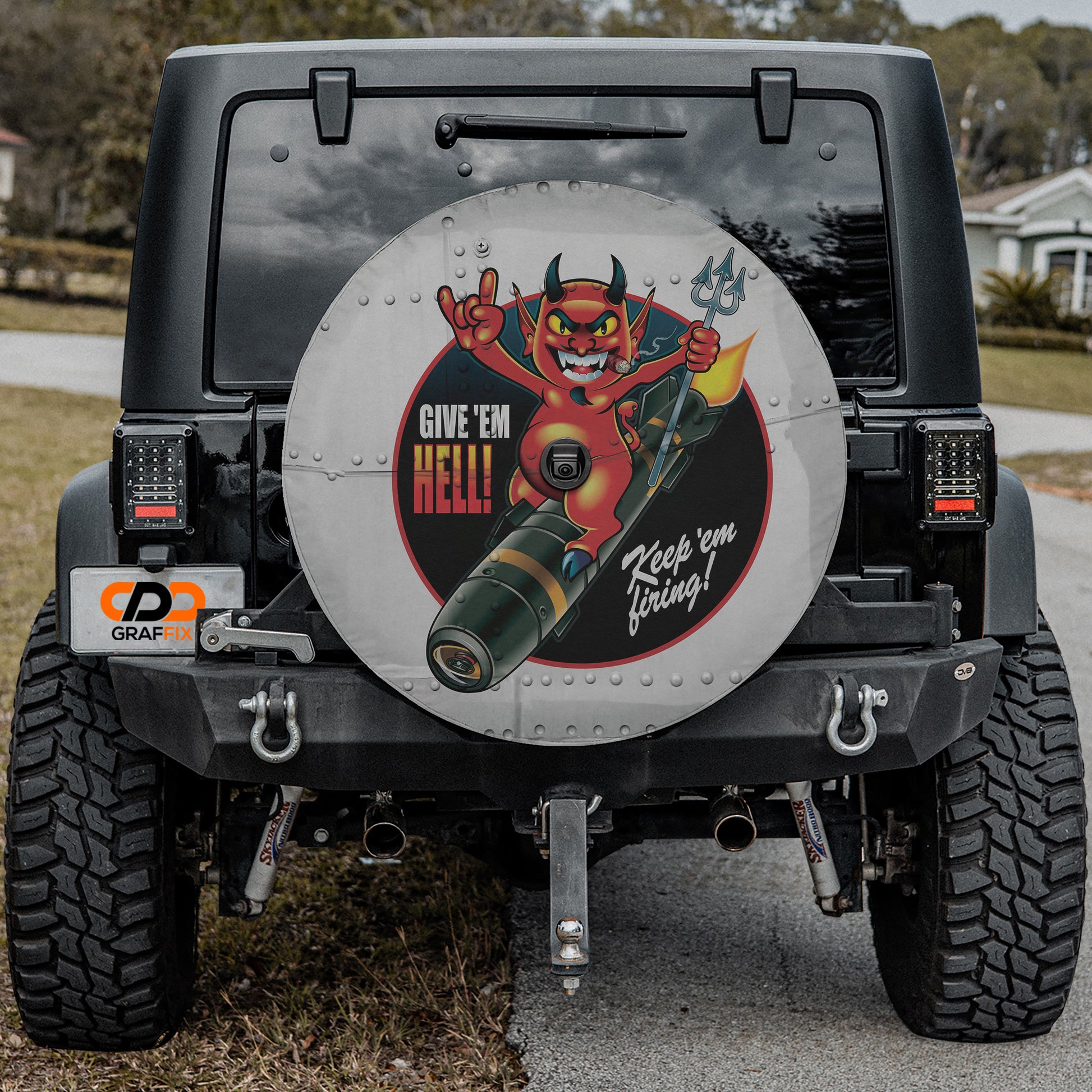 the back of a jeep with a sticker on it