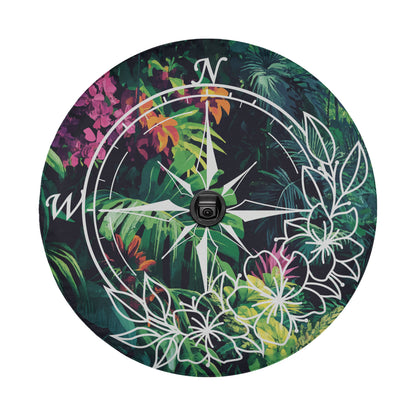 a vibrant, colorful, and intricate design of a compass surrounded by lush tropical foliage, including flowers and leaves.