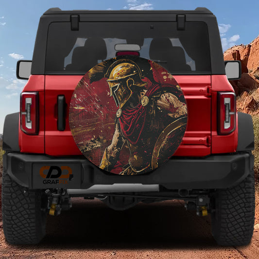 a red Jeep Wrangler with a large, eye-catching graphic of a person in a helmet on the rear window.