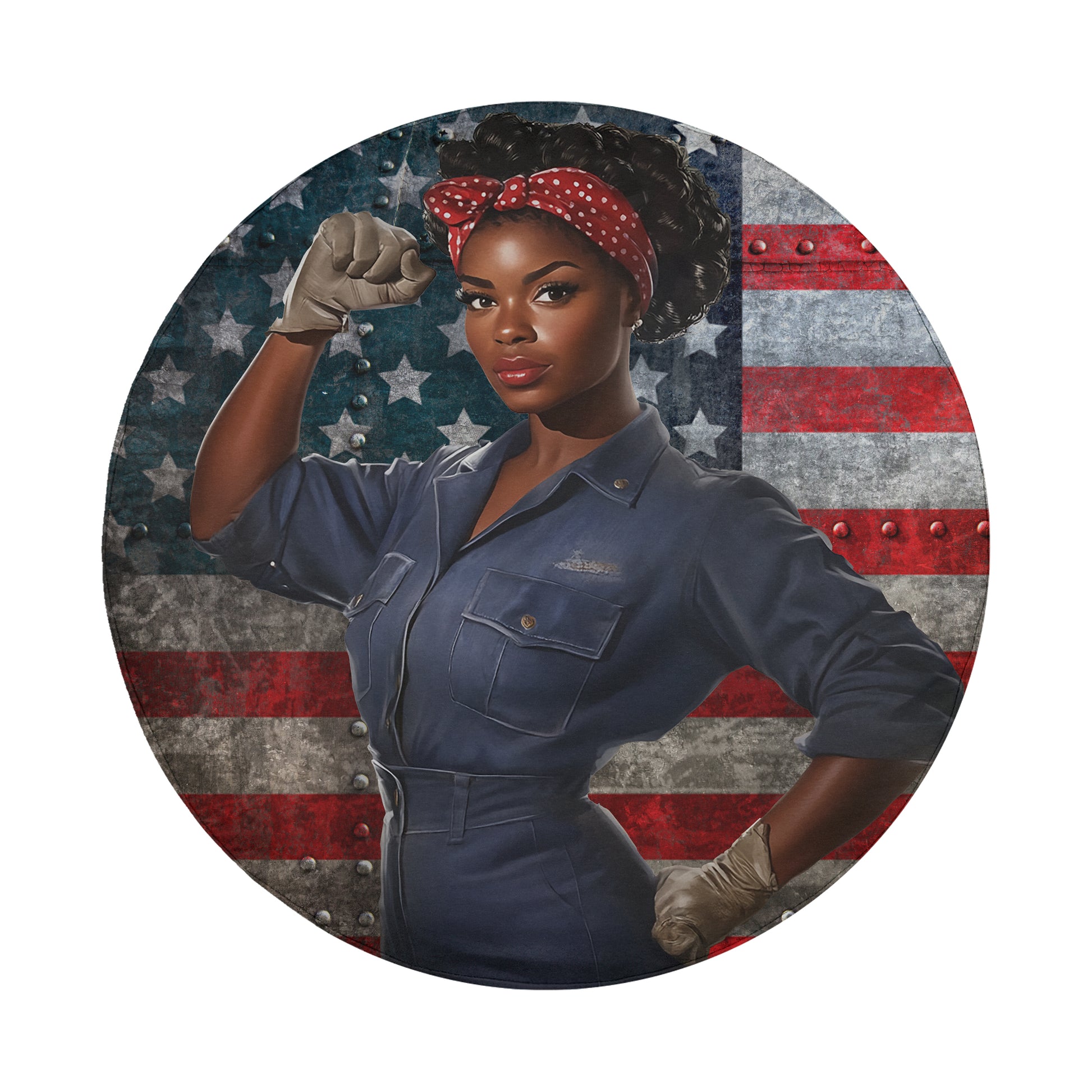 A woman wearing a blue jumpsuit and a red headband stands in front of an American flag, with her fist raised.