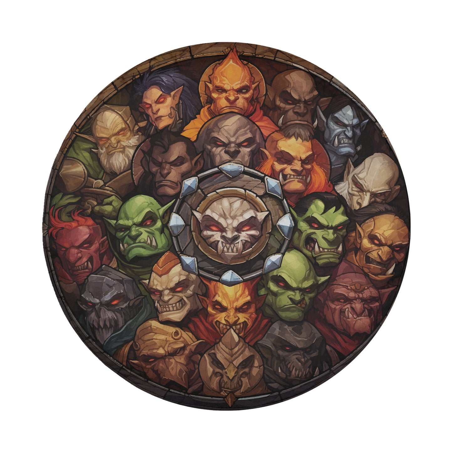 The image is a circular arrangement of various fierce-looking creatures, including dragons, wolves, and other fantastical creatures, all facing different directions.