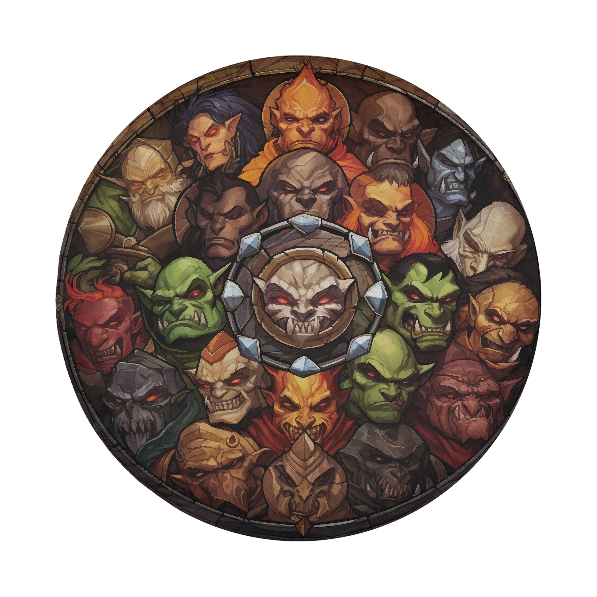 The image is a circular arrangement of various fierce-looking creatures, including dragons, wolves, and other fantastical creatures, all facing different directions.