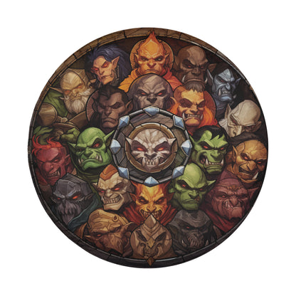 The image is a circular arrangement of various fierce-looking creatures, including dragons, wolves, and other fantastical creatures, all facing different directions.