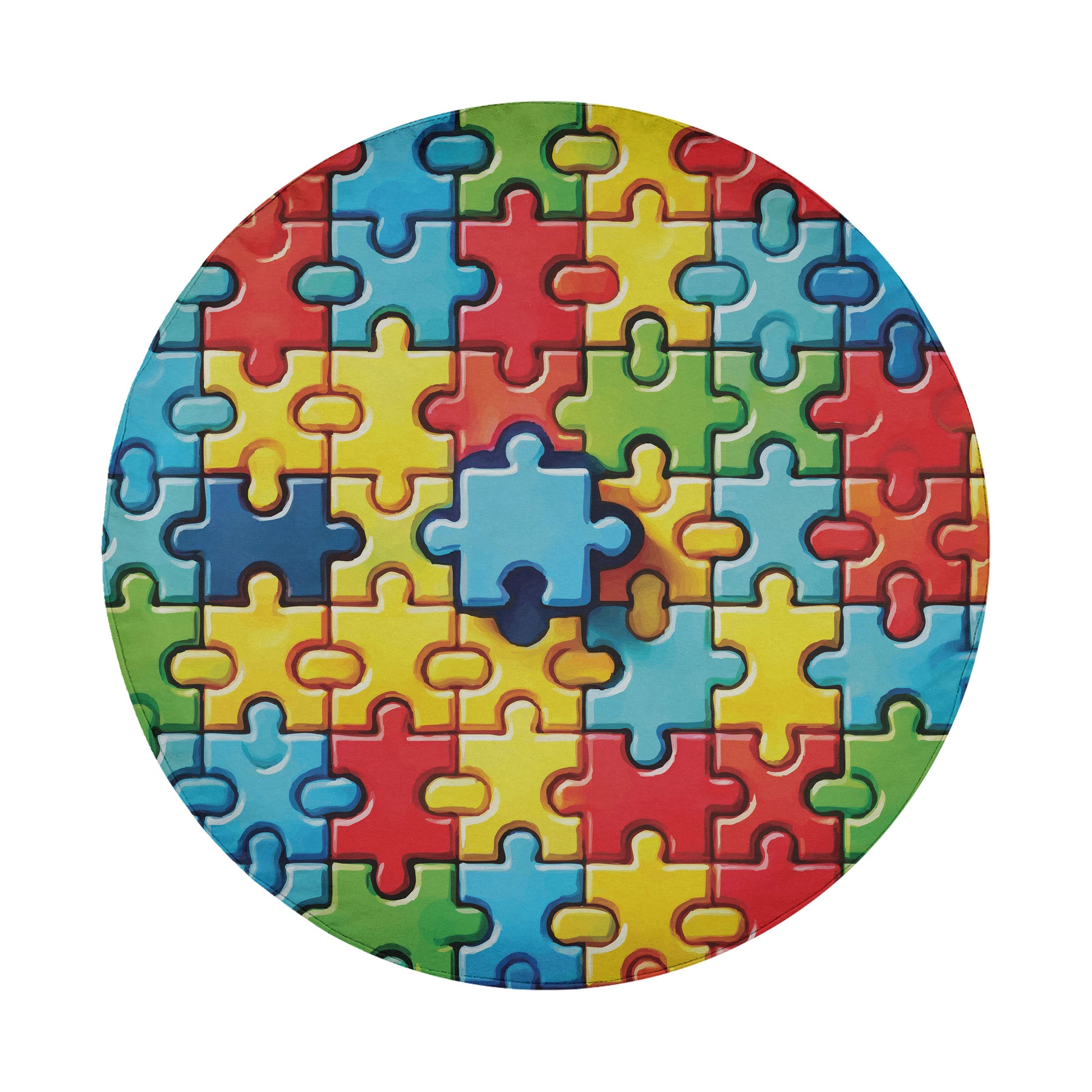 The image is a circular arrangement of colorful puzzle pieces, creating a vibrant and playful visual effect.