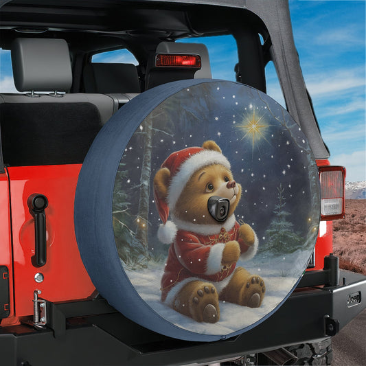 a picture of a christmas bear in a santa hat on a tire cover
