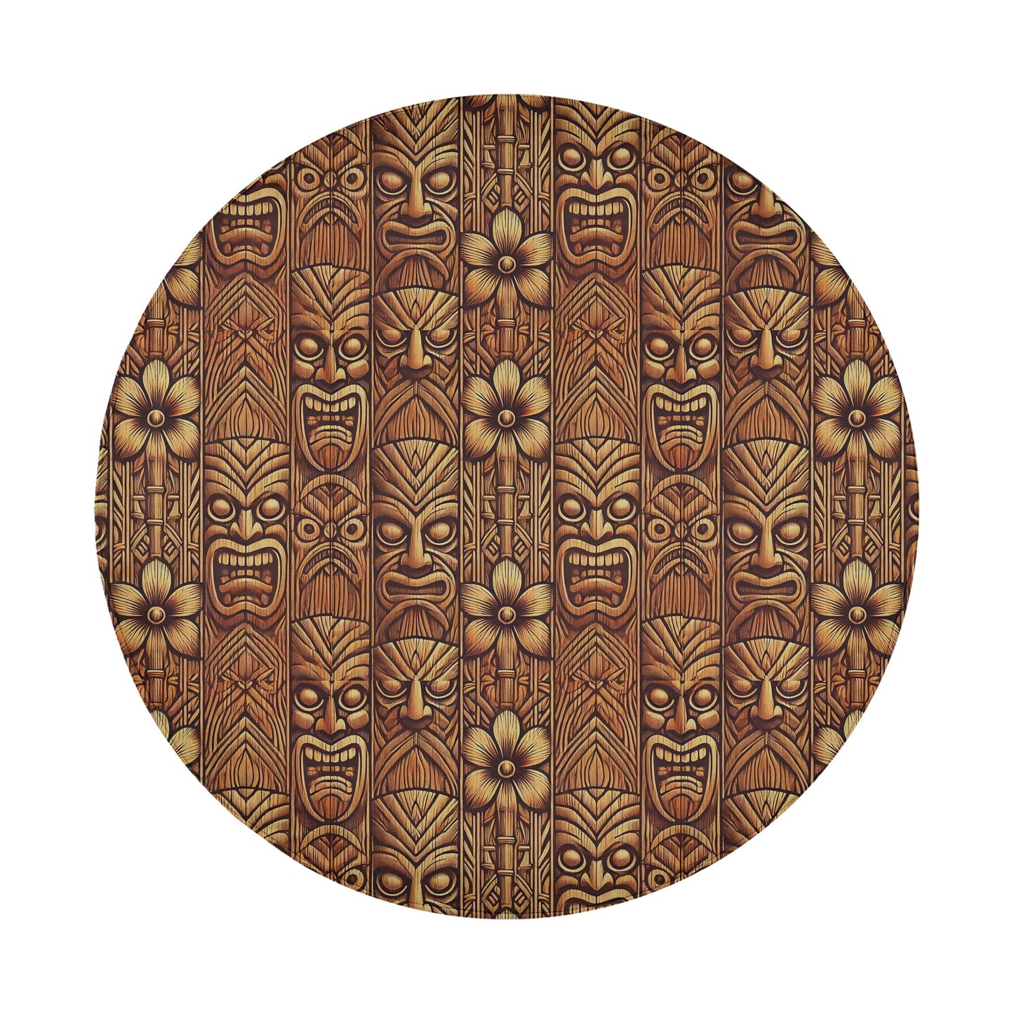 a circular pattern of carved wooden masks with intricate designs and expressions, creating a visually striking and culturally rich design.