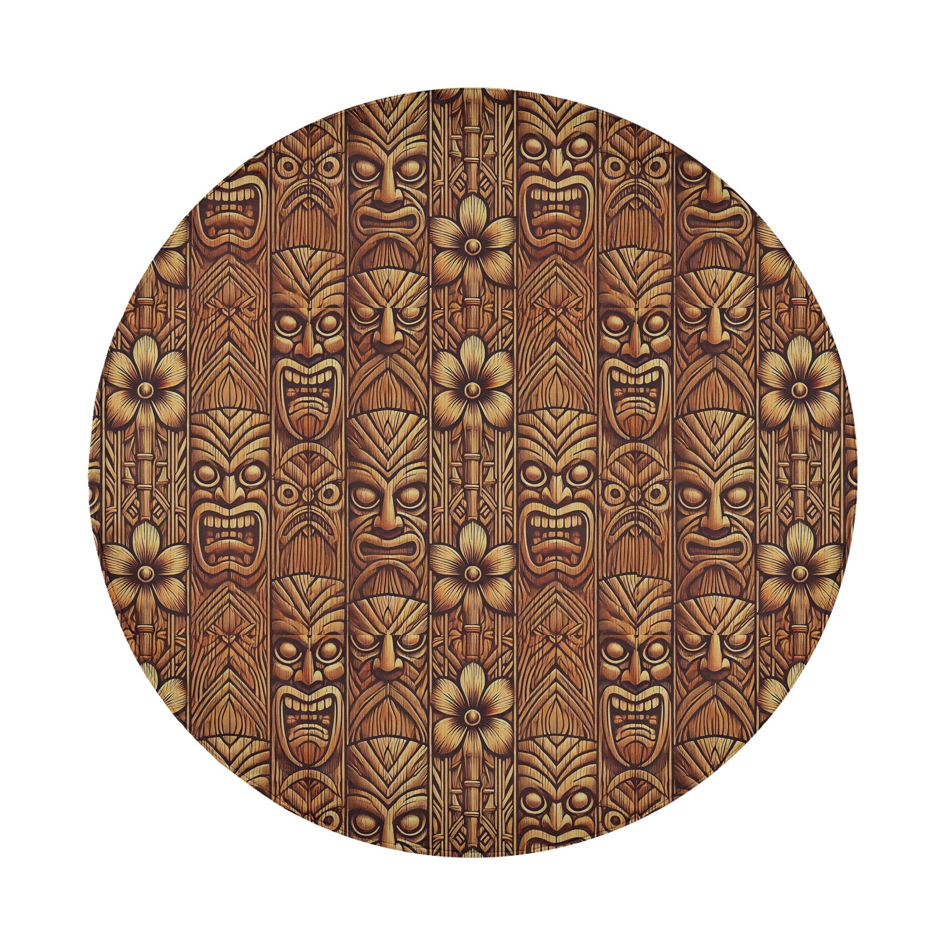 a circular pattern of carved wooden masks with intricate designs and expressions, creating a visually striking and culturally rich design.