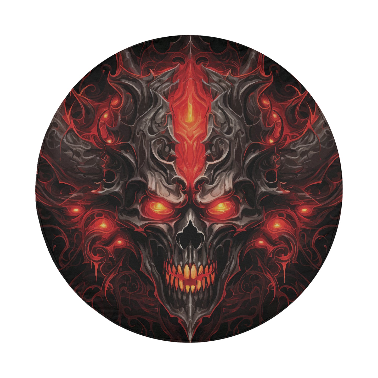 a picture of a skull with red eyes