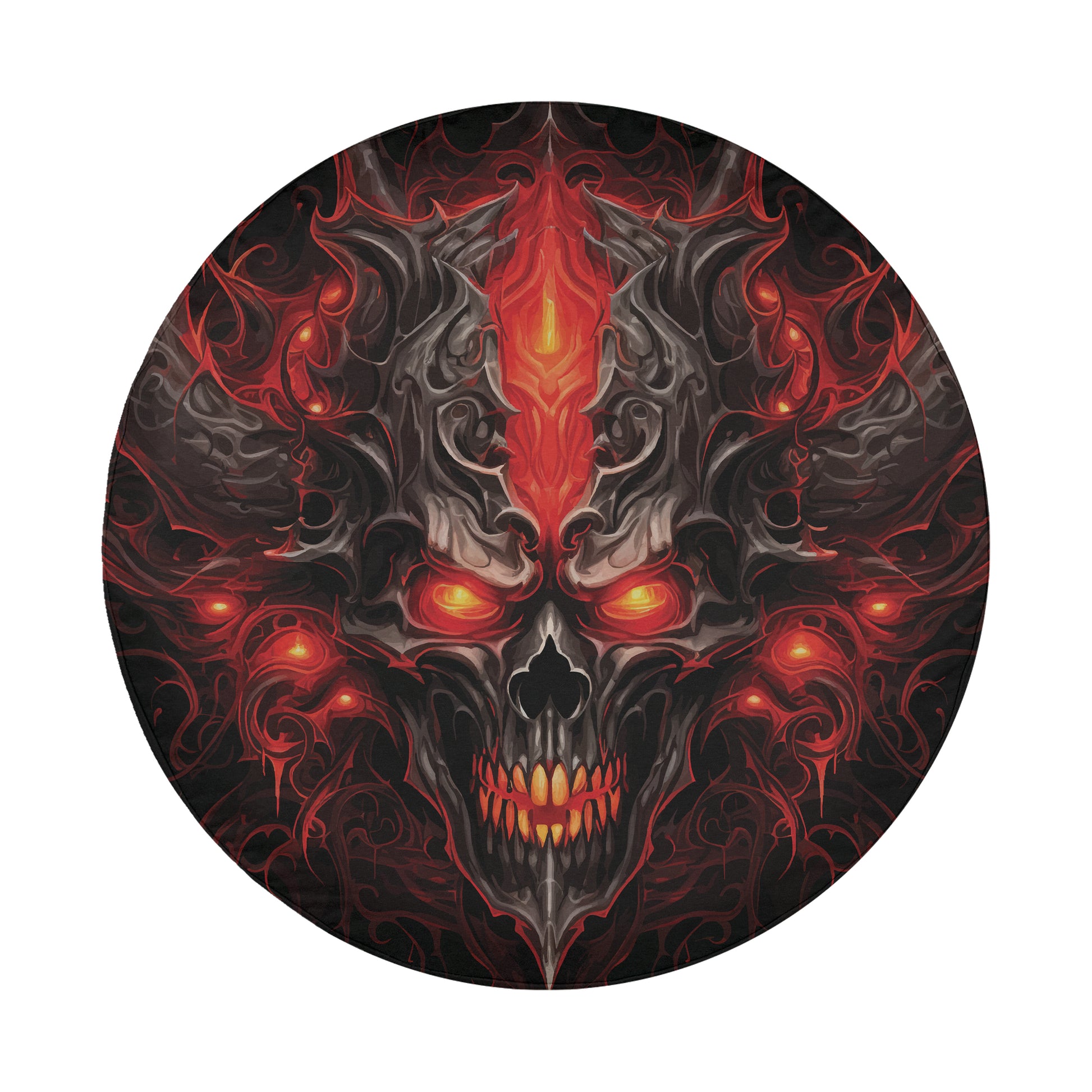 a picture of a skull with red eyes