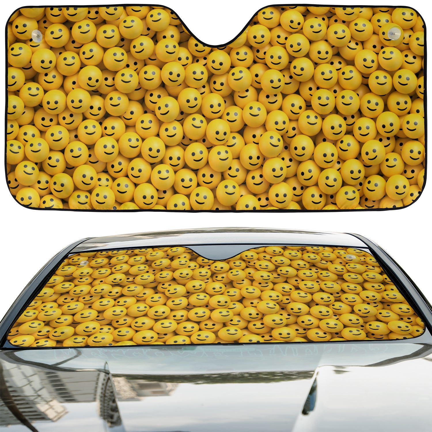 a car with a lot of yellow smiley faces on it