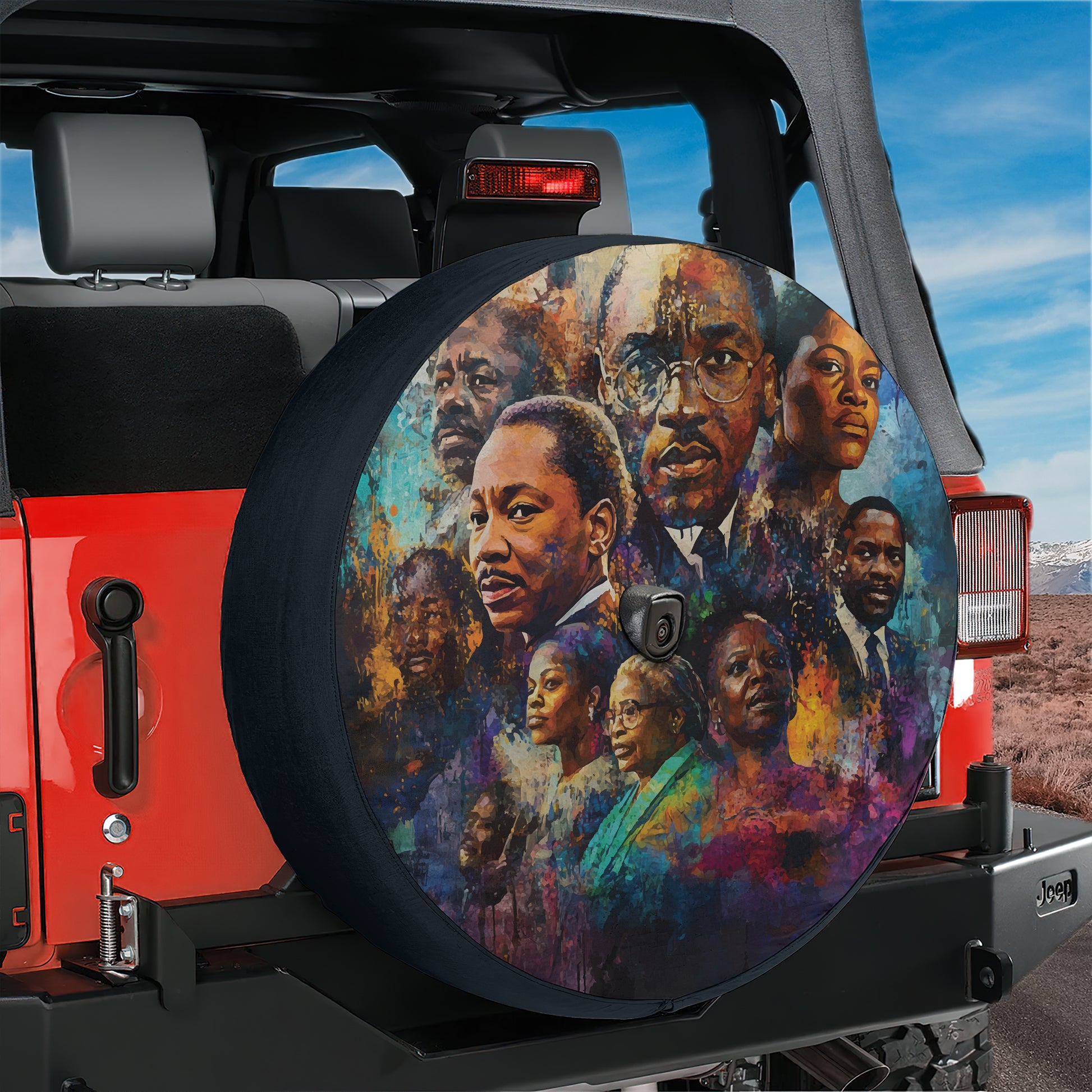 a colorful and vibrant wheel cover with various portraits of people, including a prominent figure in the center.