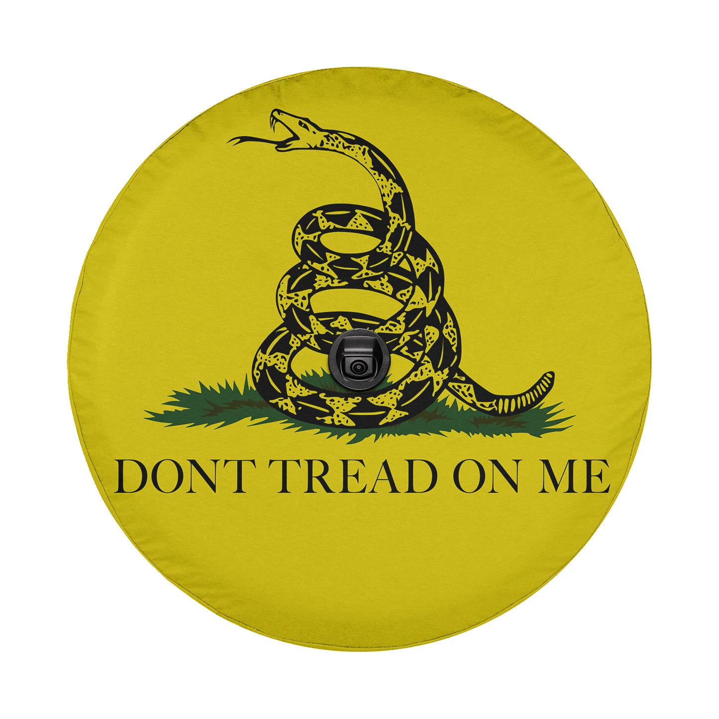 a yellow don't tread on me sign with a black and white gads