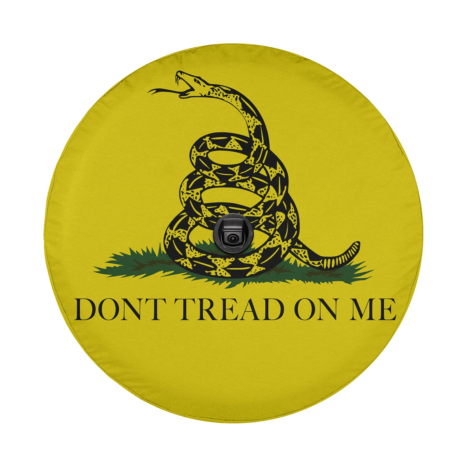 a yellow don't tread on me sign with a black and white gads