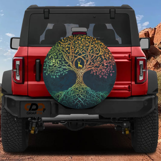 the rear of a red Jeep Wrangler with a large tree-like design on the trunk, which appears to be a custom decal or artwork.