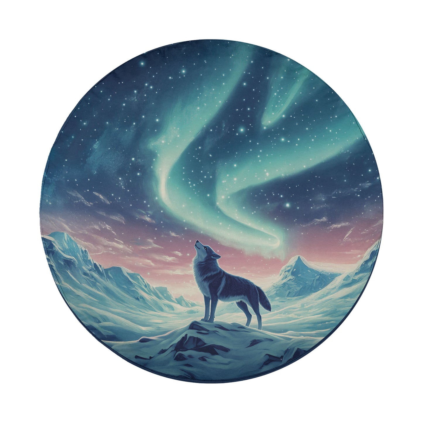 A wolf howling at the stars in a snowy, mountainous landscape under a starry night sky.