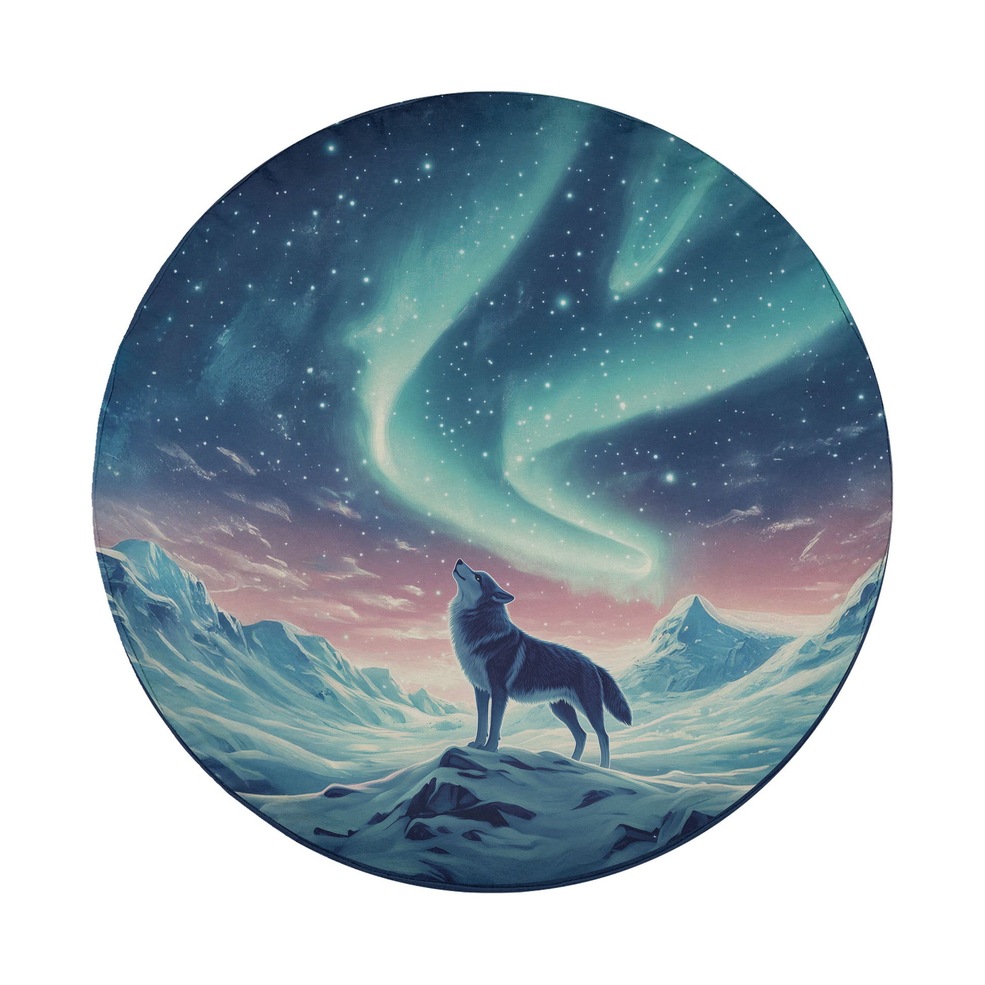 A wolf howling at the stars in a snowy, mountainous landscape under a starry night sky.