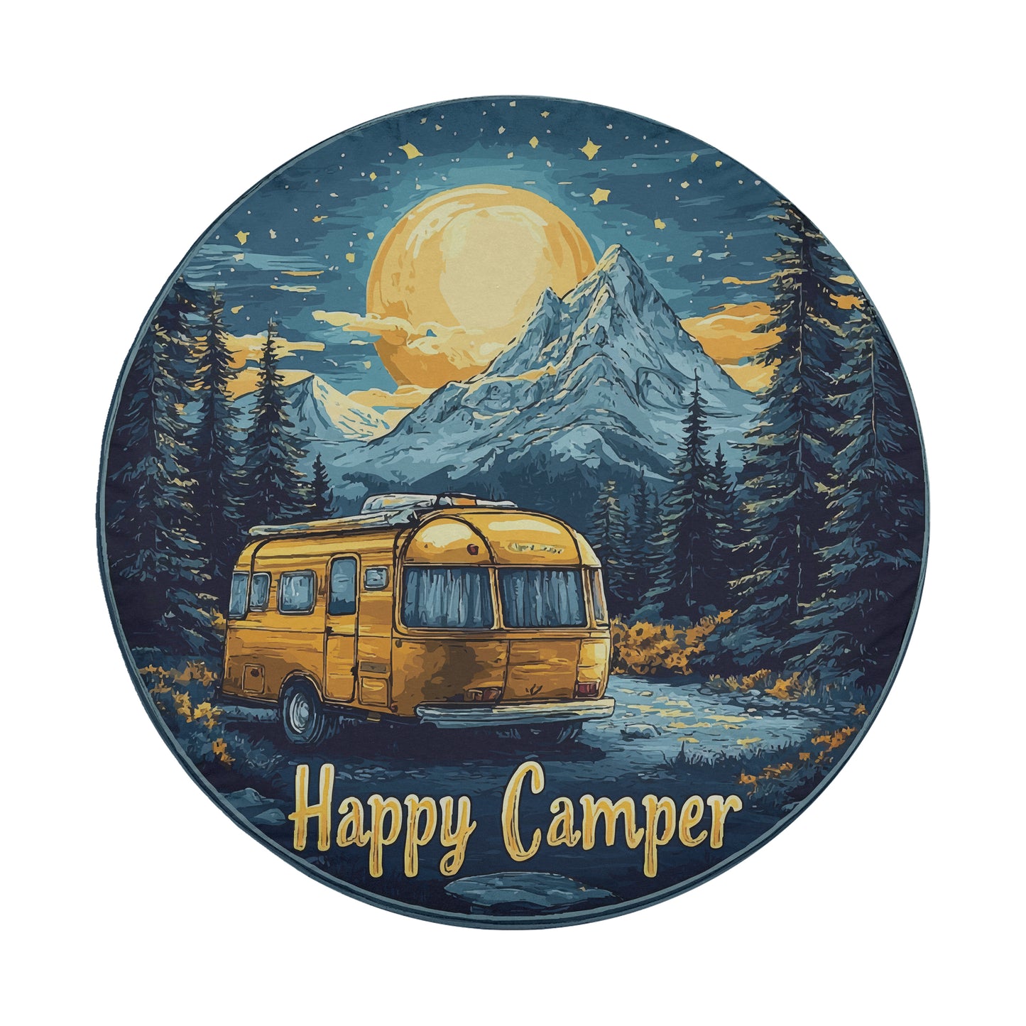 A yellow camper van is parked in a forested area, with a large moon and stars in the night sky above.
