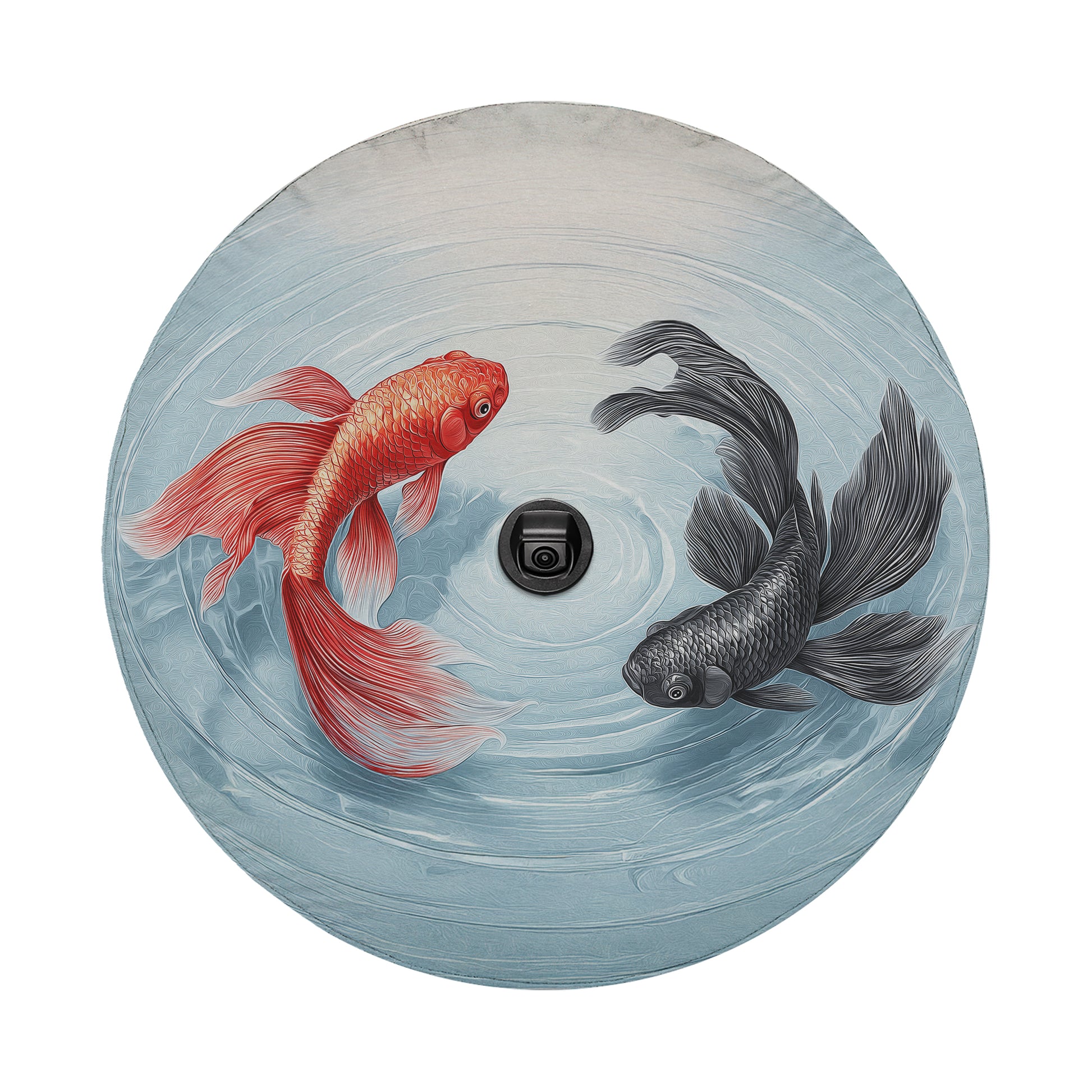two fish, one red and one black, swimming in a circular pattern.