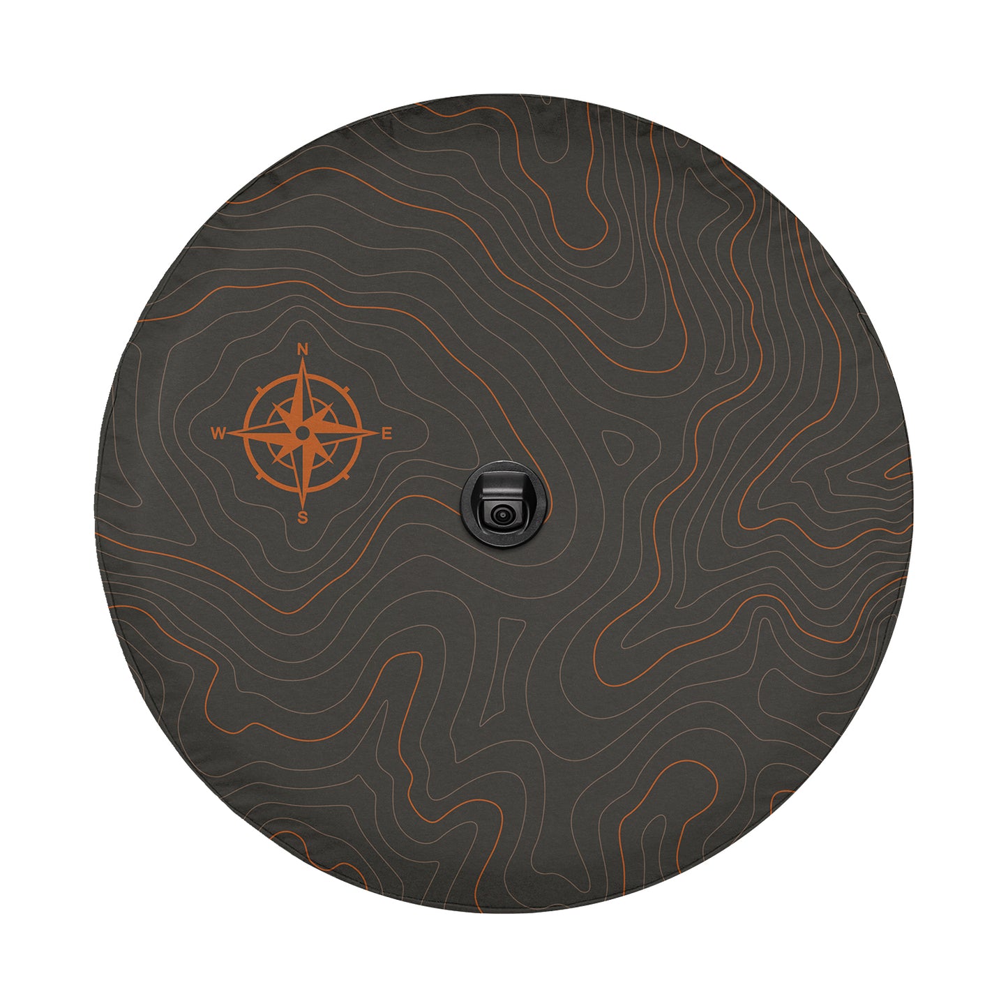a black and orange circular object with a compass on it