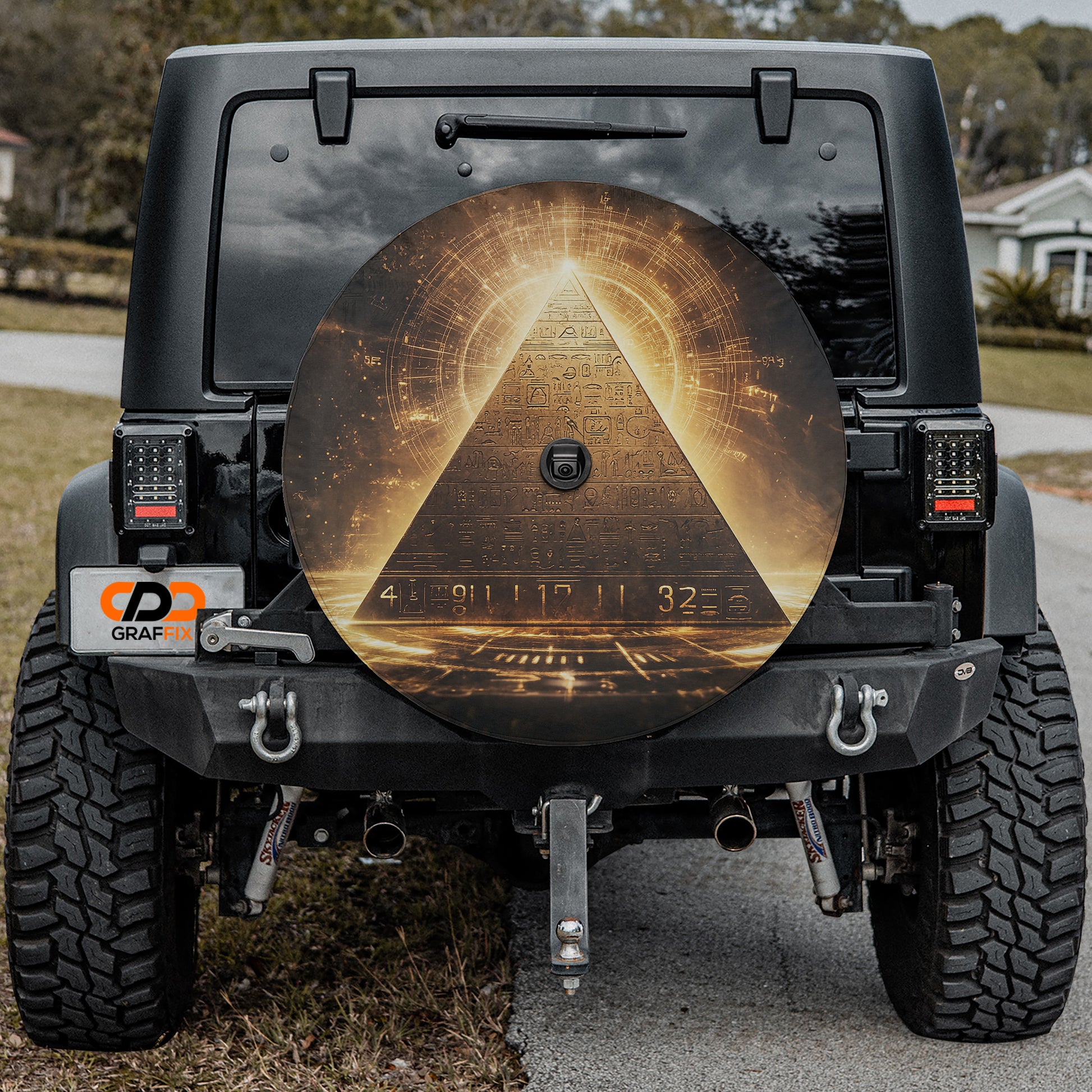the back of a black Jeep Wrangler with a large, circular decal on the rear window depicting an ancient Egyptian pyramid.