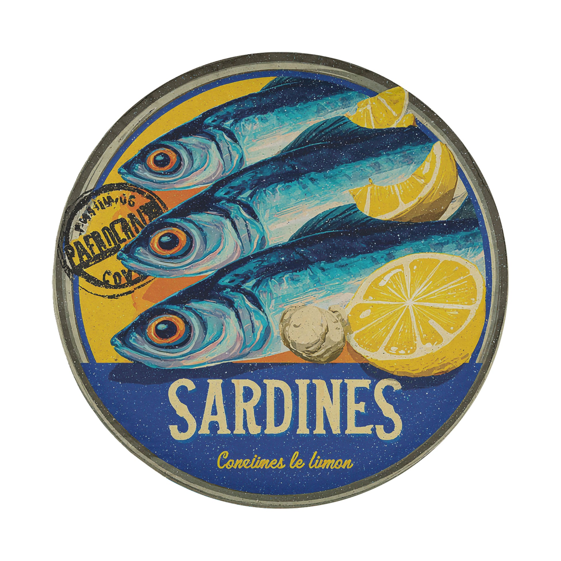 a round label with a vibrant illustration of three blue fish, two lemon slices, and the word "Sardines" prominently displayed.