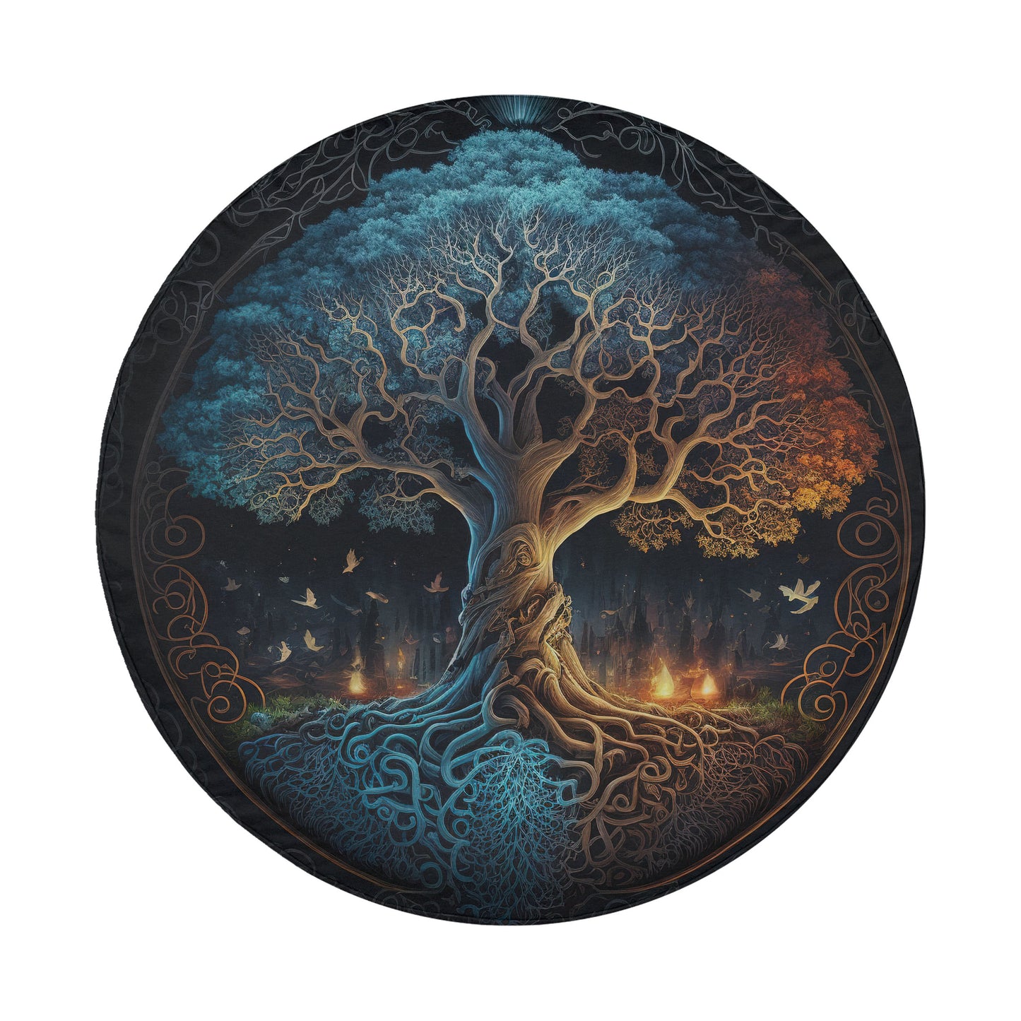 a large, intricate tree with a complex network of roots and branches, surrounded by a dark, mysterious background.
