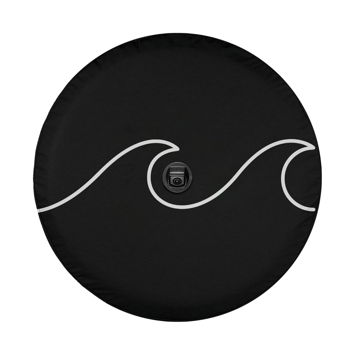 A black tire cover with a white wave design on it.