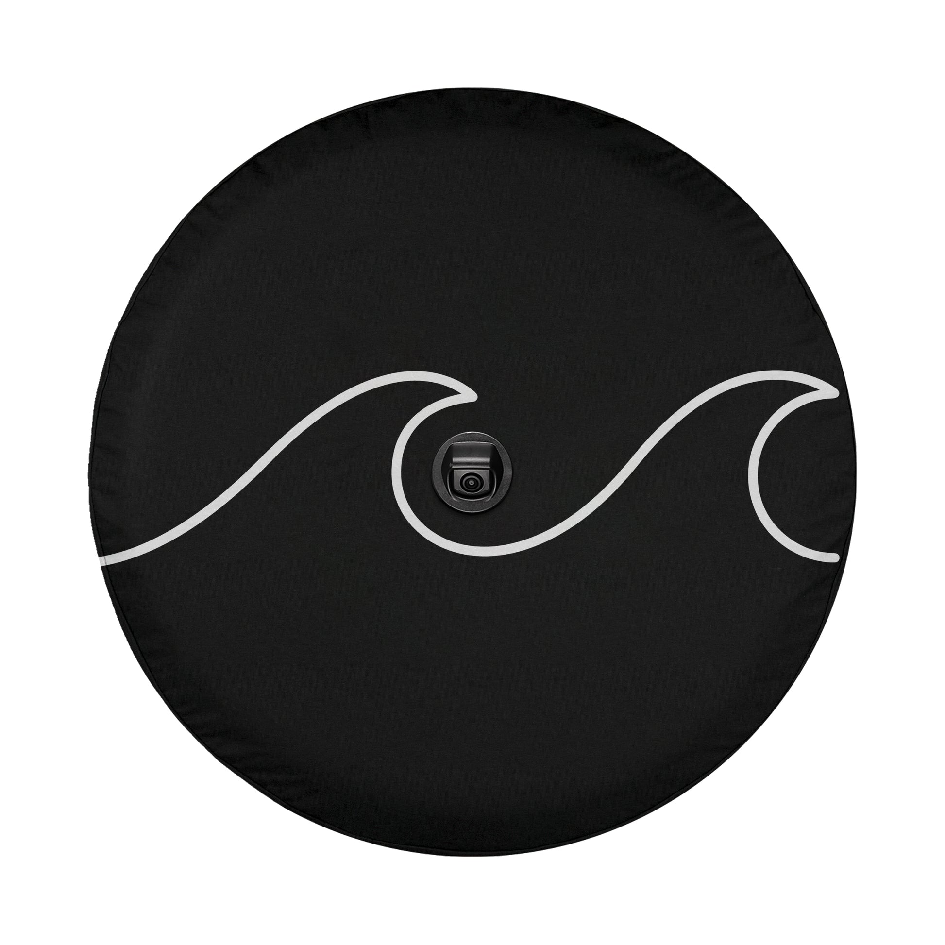 A black tire cover with a white wave design on it.