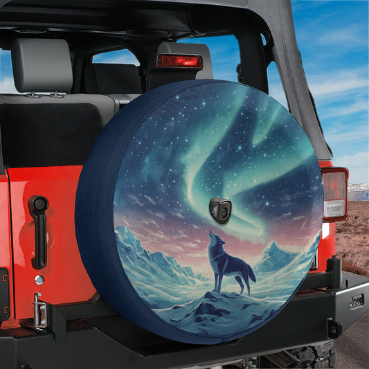 a tire cover with a picture of a wolf on it