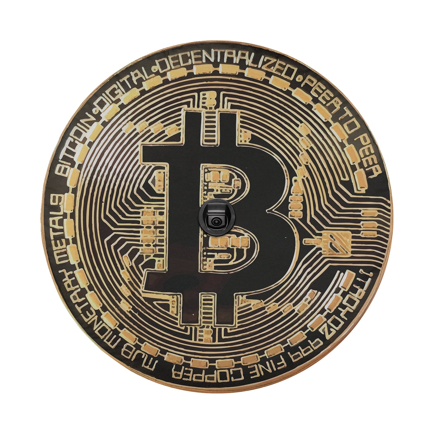 a black and gold plate with a bitcoin on it