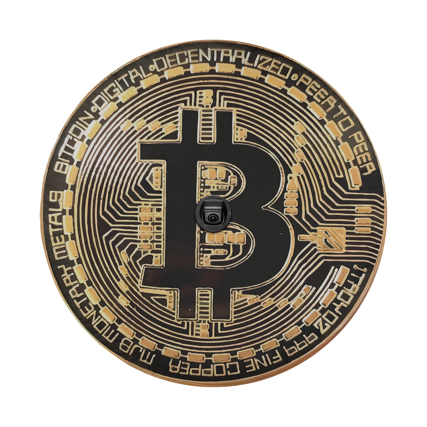 a black and gold plate with a bitcoin on it