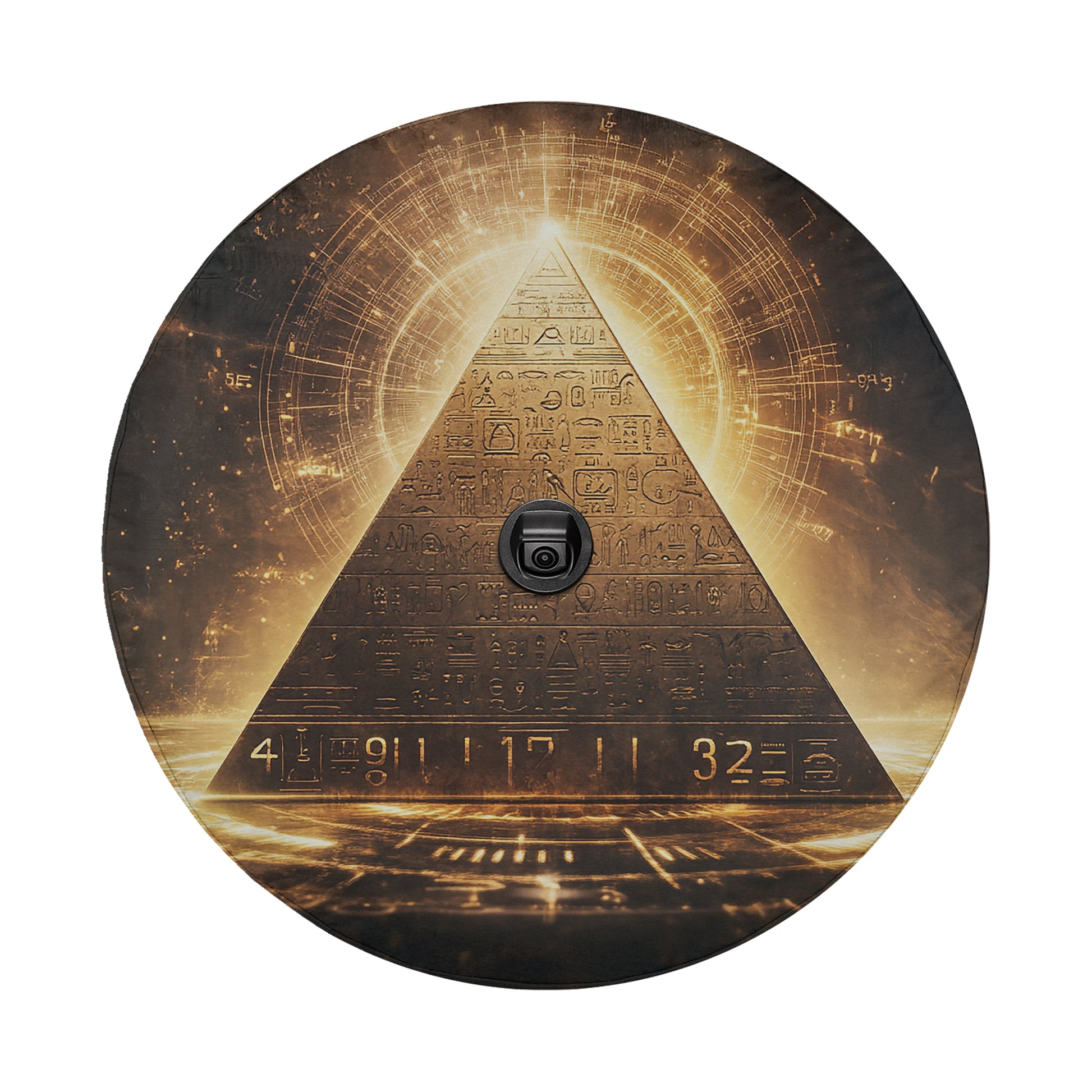 a large, golden pyramid with intricate hieroglyphics and symbols, surrounded by a radiant aura and a digital interface.