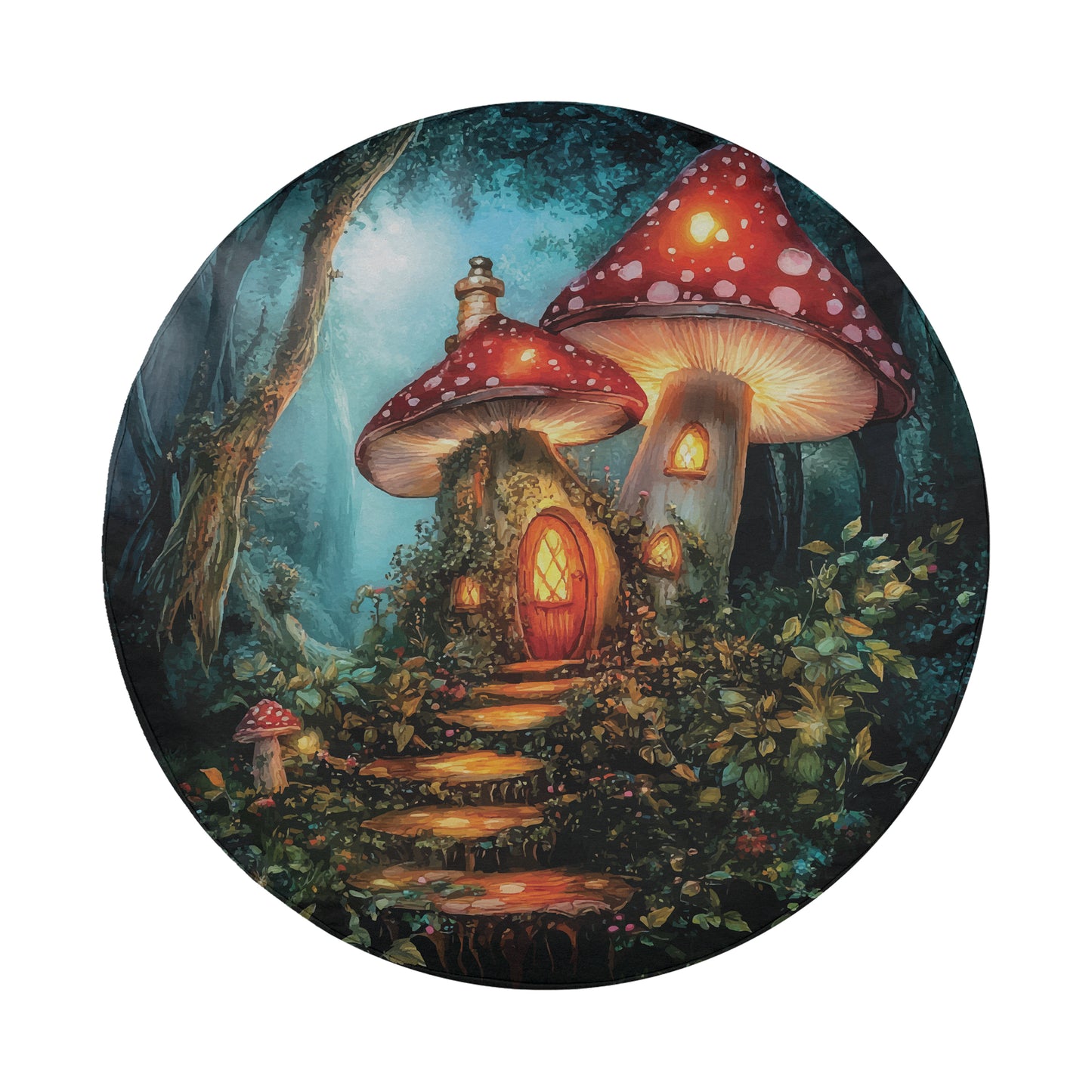 A whimsical, fantastical scene featuring a mushroom house nestled in a lush, green forest. The mushroom house has a glowing red door and is surrounded by a variety of mushrooms and other fantastical elements, creating a magical and enchanting atmosphere.